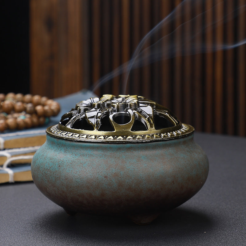 Copper Lid Ceramic Incense Burner Buddha