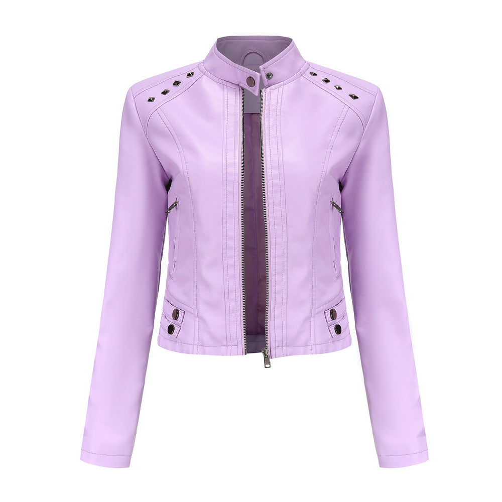 Studded Leather Women Short Jacket Long Sleeves