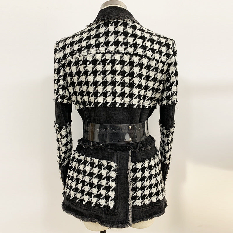 Women Tweed Houndstooth Denim Stitching West Assembly Belt