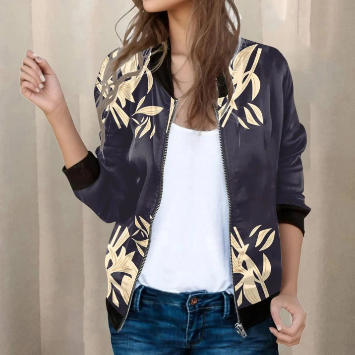 Women Autumn And Winter Long Sleeve Zipper Printed Jacket