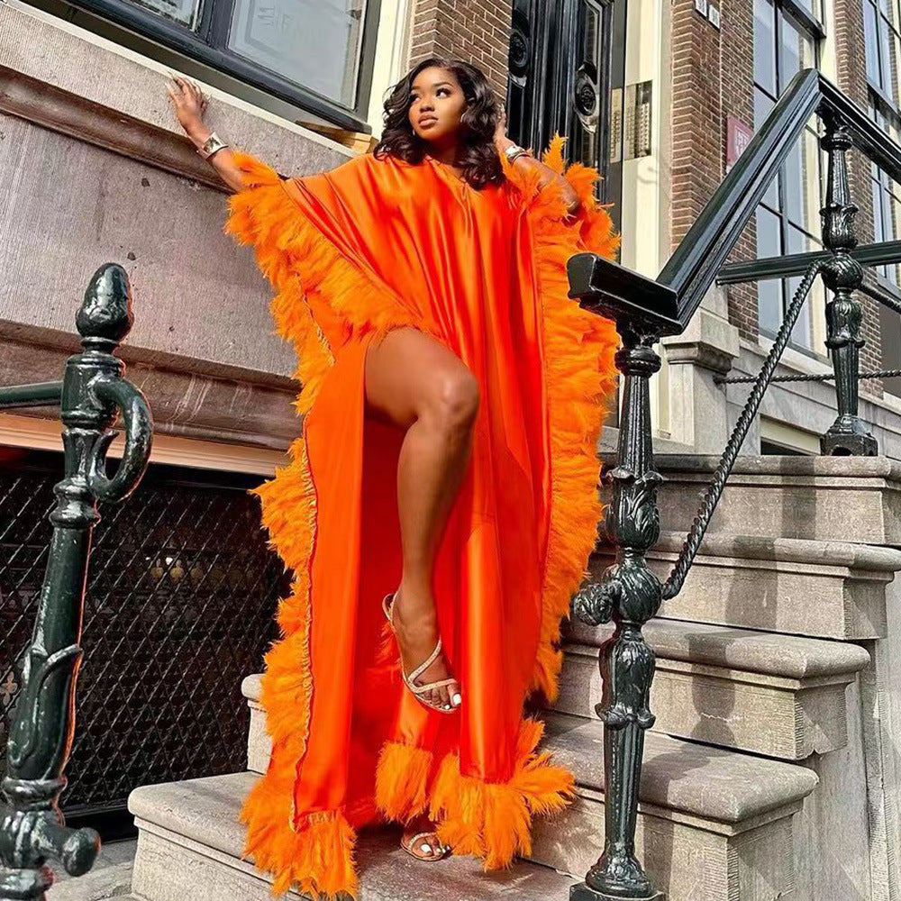 African Women's Loose Dress Luxury Fully Surrounded Light Feather Batwing Sleeve High Slit Robe