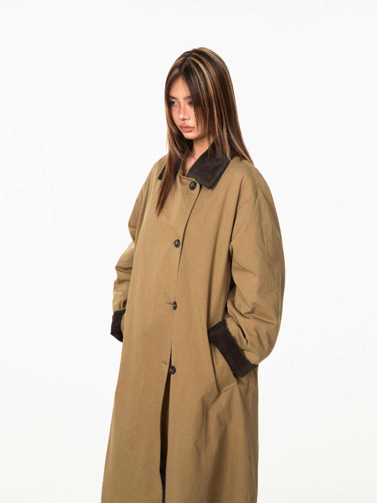 Loose Casual Mid-length Color Contrast Patchwork Lapel Trench Coat