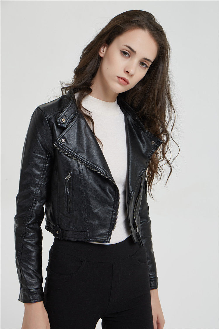 Fashion Women's Short Jacket With Washed Leather And Rivets