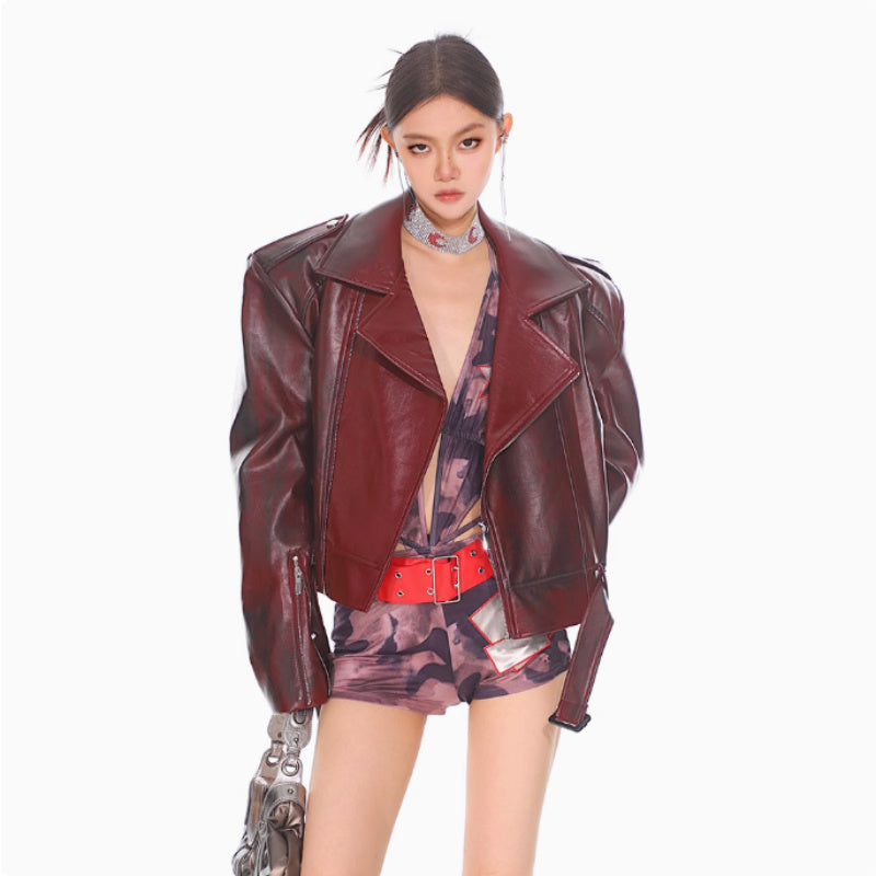 Stand Collar Jacket Motorcycle Leather Coat Women