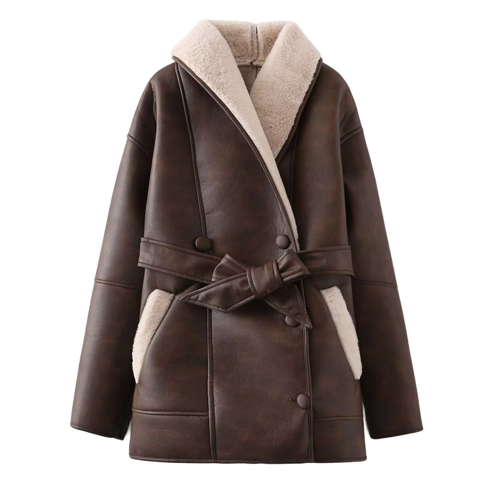 Fashion Cashmere Leather Fur Collar Composite Belt Coat