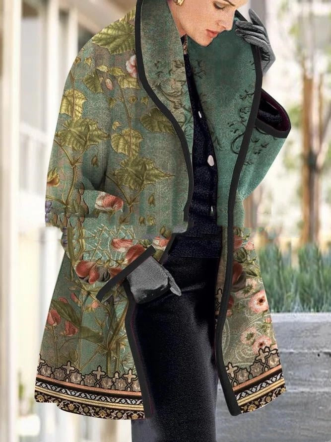 Women's Large Lapel Digital Printing Woolen Coat