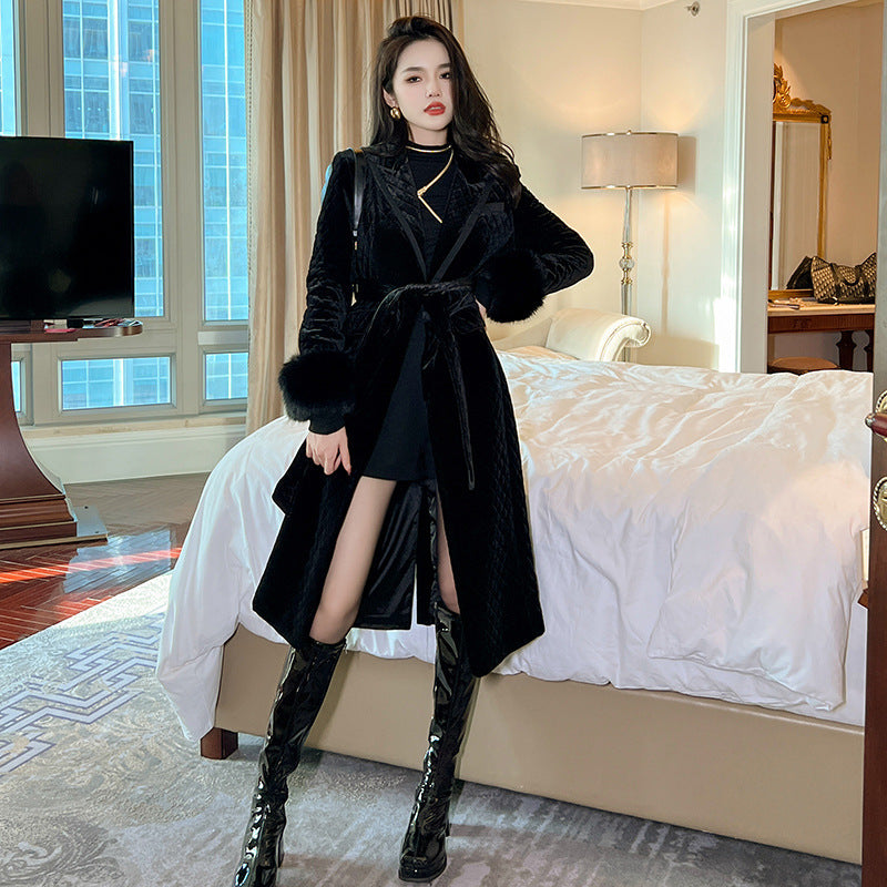 Women Black Velvet Mid-length Coat