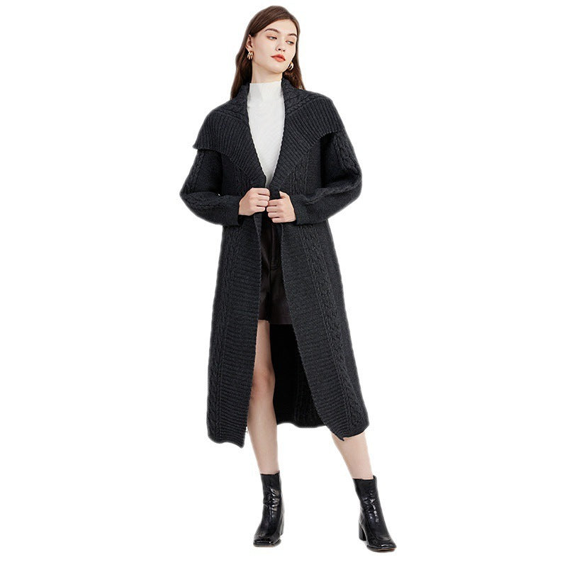 Autumn And Winter Western Style European And American Style Loose Large Twist Lapel Sweater Coat With Belt