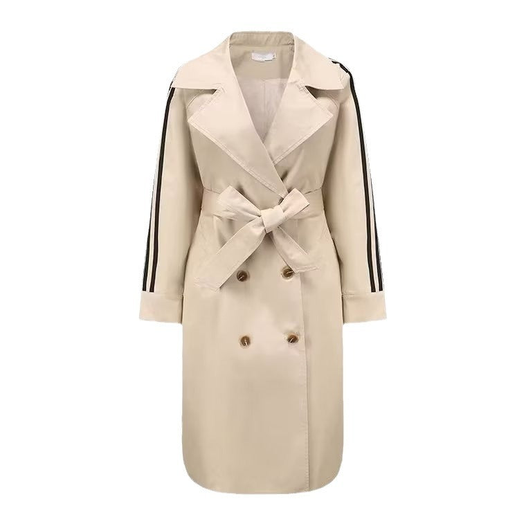 Women Coat Vintage Stripe Mid-length Trench Coat