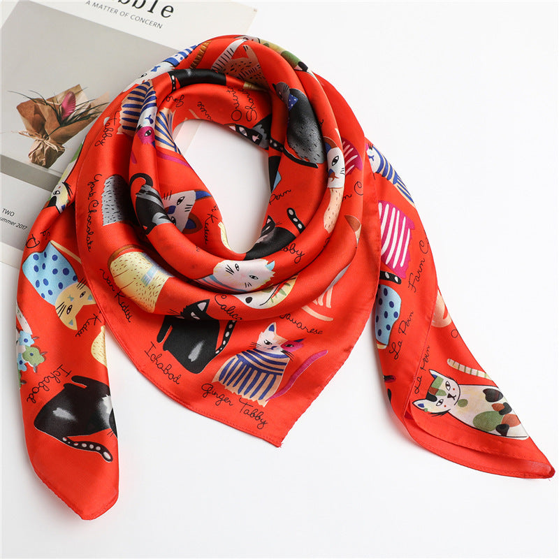 Cartoon Cat Silk Scarf  Fashion Sun Protection