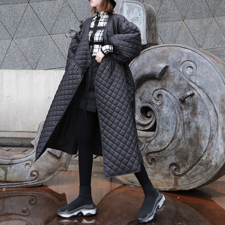 Oversize Lantern Sleeve Diamond Plaid Embossed Long Loose Cotton Coat