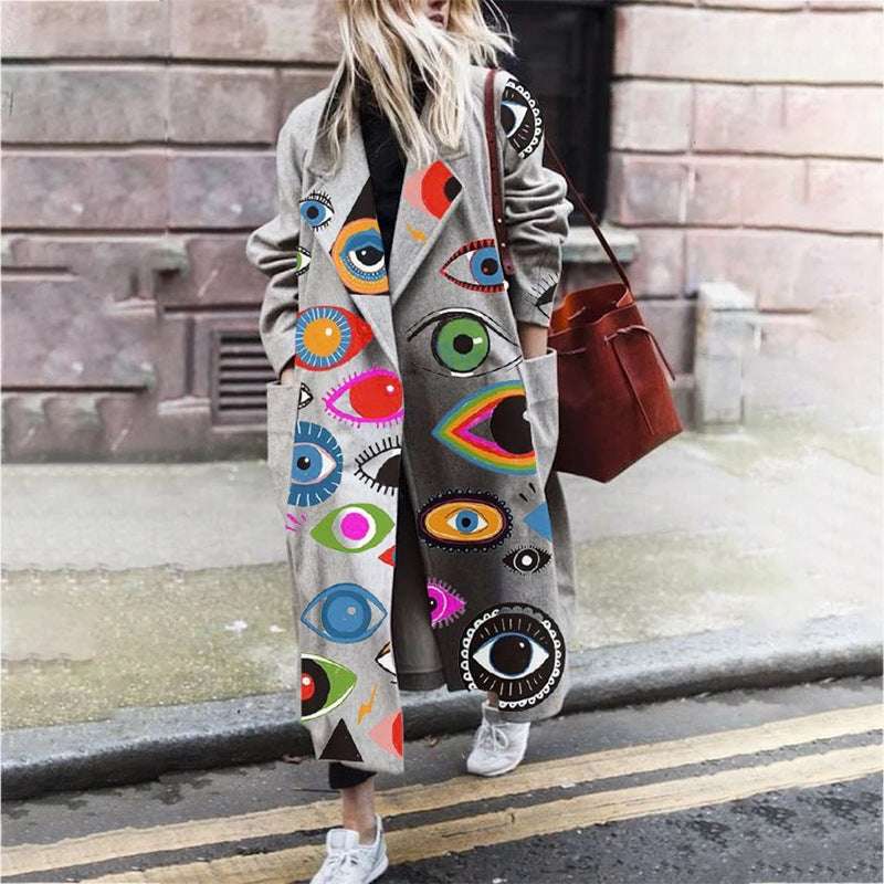 Women Printed Round Neck Woolen Coat