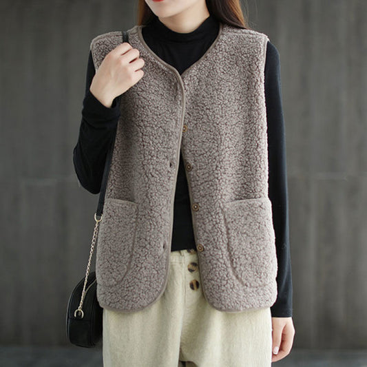 Women Outer Wear Short Loose Lamb Wool Vest