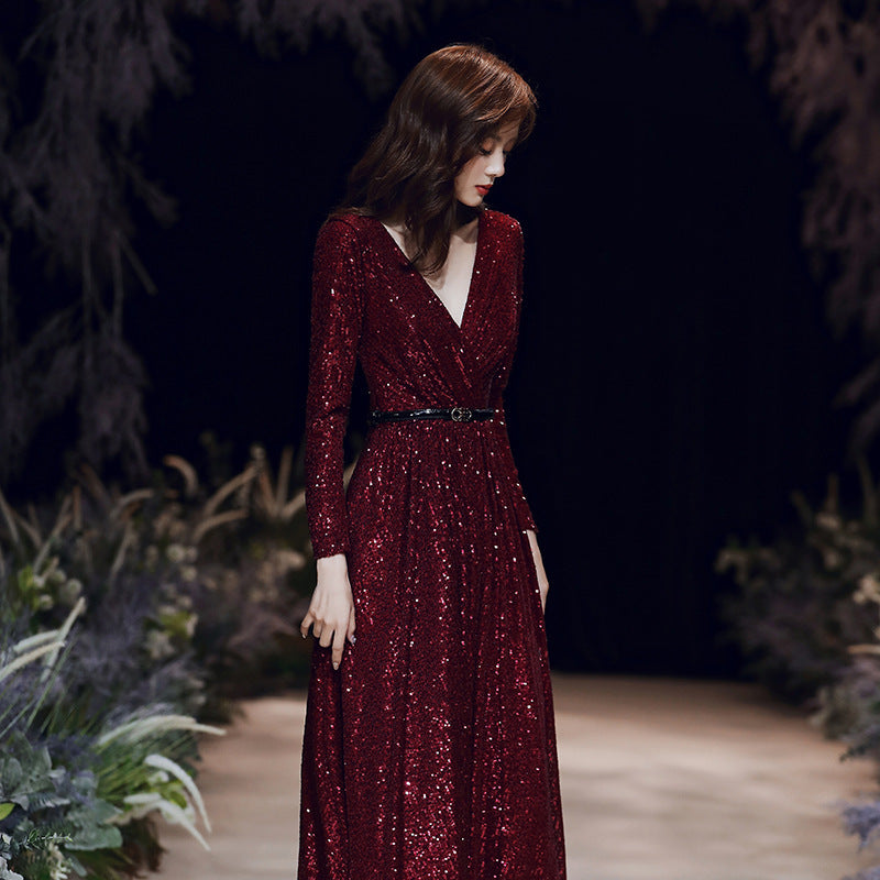 Wine Red Temperament Host Dress Annual Meeting Long