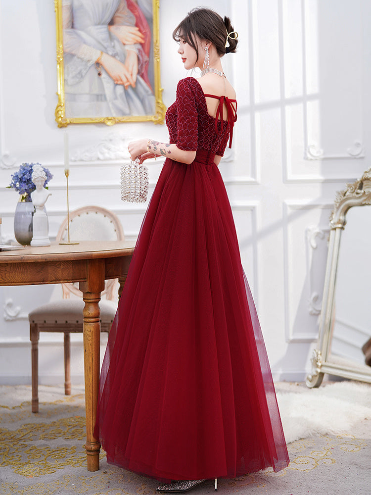 Wine Red Engagement Back Door Evening Dress Female Long Sleeve