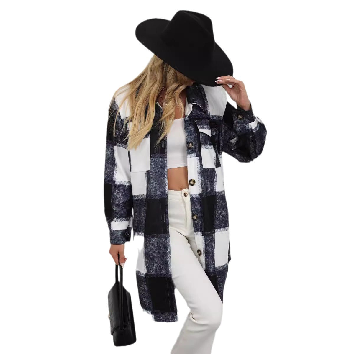 Women's Plaid Single-breasted Lapel Long-sleeved Coat