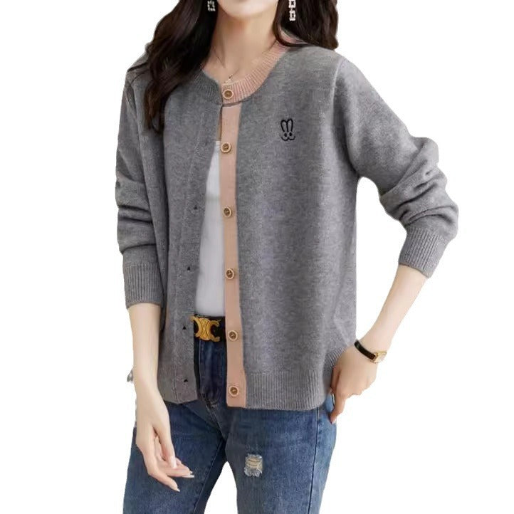 Round Neck Wool Knit Cardigan Women's Loose Western Style Outer Wear