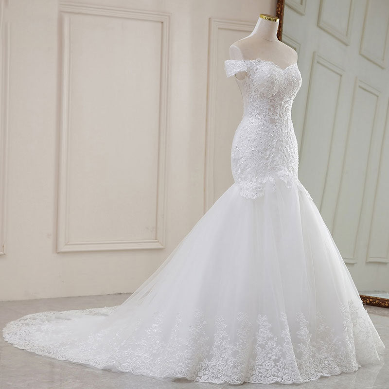 High Waist White Temperament Dream Lace Mid-waist Long Tail V-neck Wedding Dress