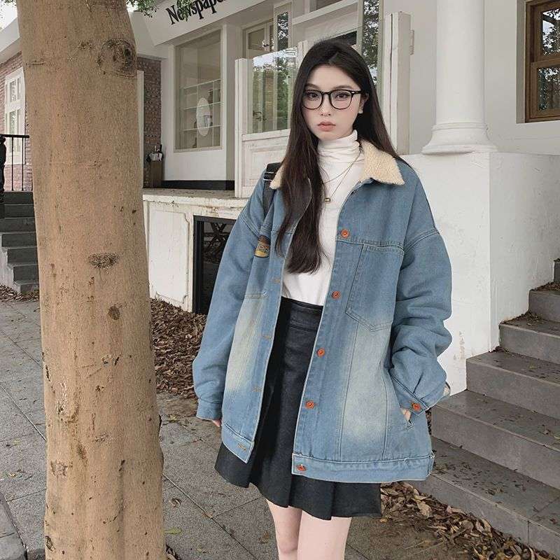 Retro Hong Kong Style Color Block Denim Coat Women's Cardigan Slimming All-matching Jacket