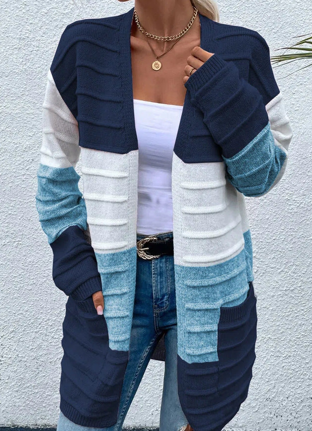 Amazon AliExpress Sweater Women's 2024 Fashion Jacket With Big Pockets Autumn And Winter Long Striped Color Matching Cardigan