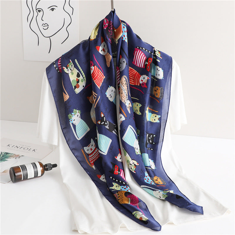 Cartoon Cat Silk Scarf  Fashion Sun Protection