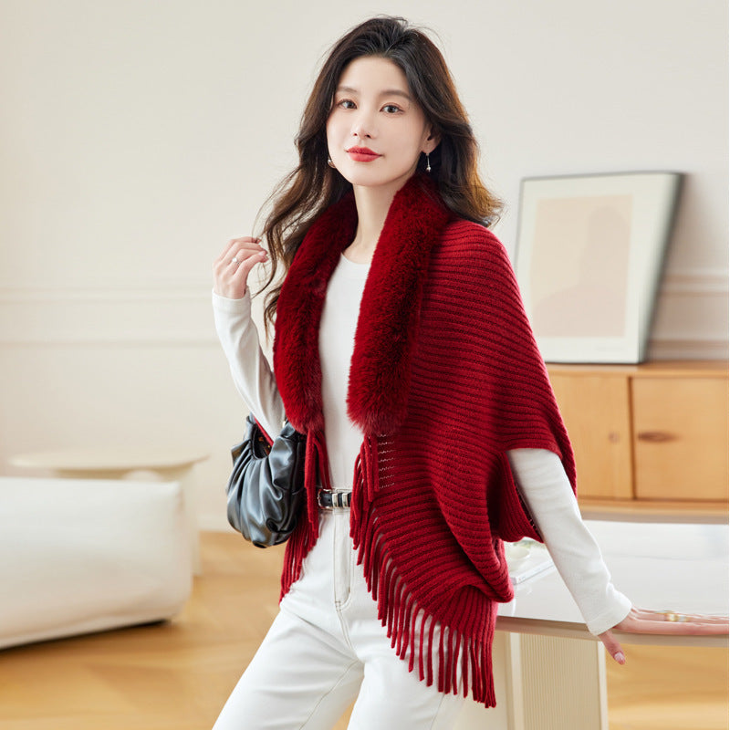 Women's Loose Tassel Fashion Shawl Jacket With Fur Collar