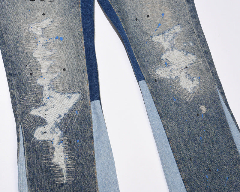 Whiskering Water Print Splattered Distressed Casual Jeans