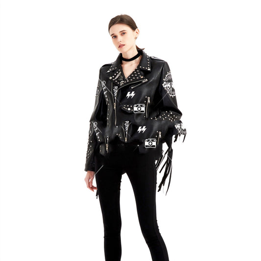 Graffiti Printed Rivet Slim Short Leather Jacket Women