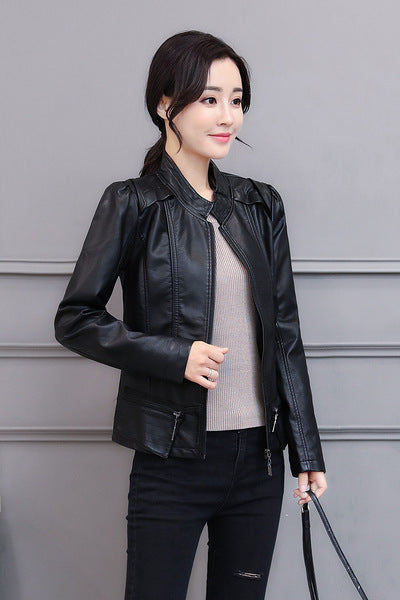 New Spring And Autumn Korean Style Motorcycle Stand-up Collar Slim Fit Slimming Leather Coat