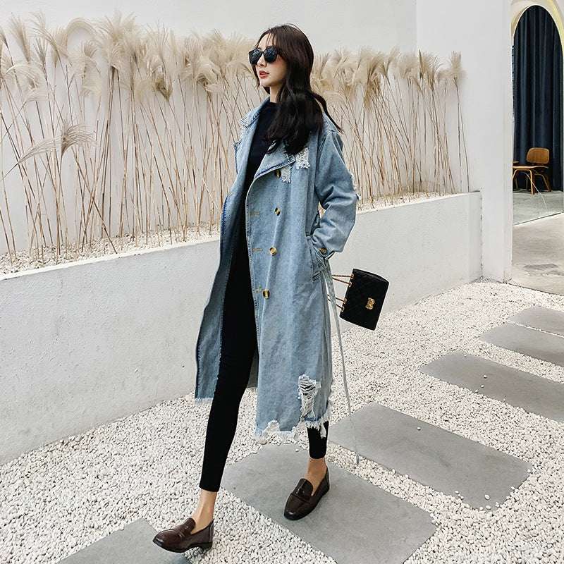 Retro Denim Trench Coat Women