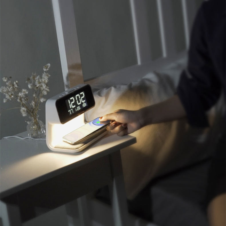 Creative 3 In 1 Bedside Lamp Wireless Charging LCD Screen Alarm Clock  Wireless Phone Charger