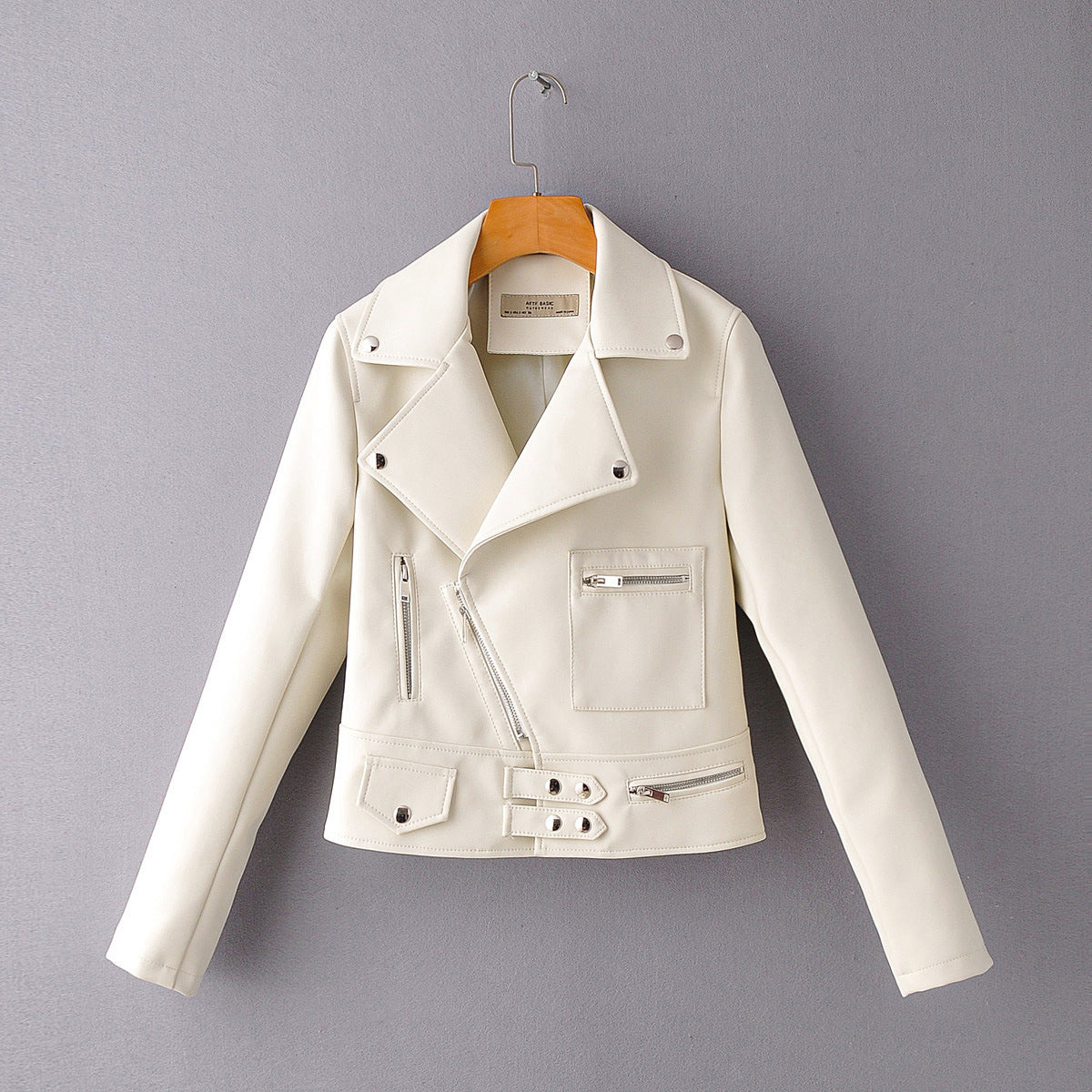 Ladies Lapel Diagonal Zipper Motorcycle Leather PU Jacket