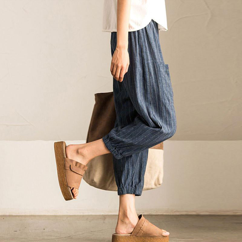 Women Casual Vintage High Elastic Waist Pockets Striped Baggy Harem Pants Turnip Trousers Work OL Wide Leg Pantalon