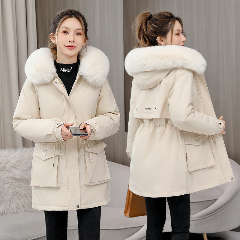 Waist Slimming Elegant Parka Cotton-padded Coat Fur Collar Western Style Velvet Lining Warm Coat