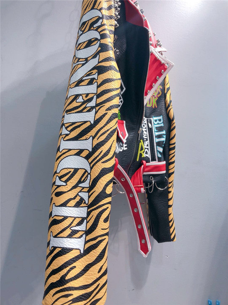 Long sleeve leather coat with tiger pattern