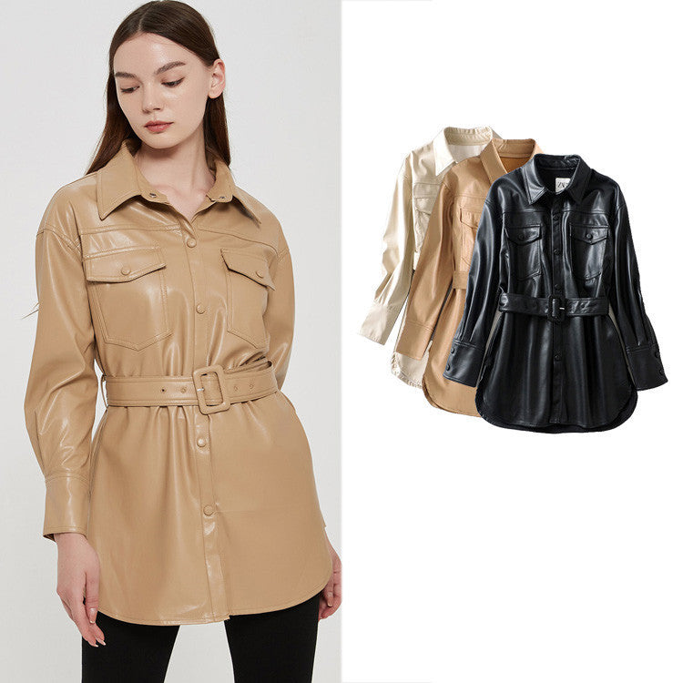 Women's high waist lace-up PU coat