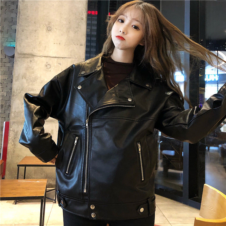 Leather coat women's autumn winter new Korean loose casual casual casual wear Pu motorcycle jacket ins fashion