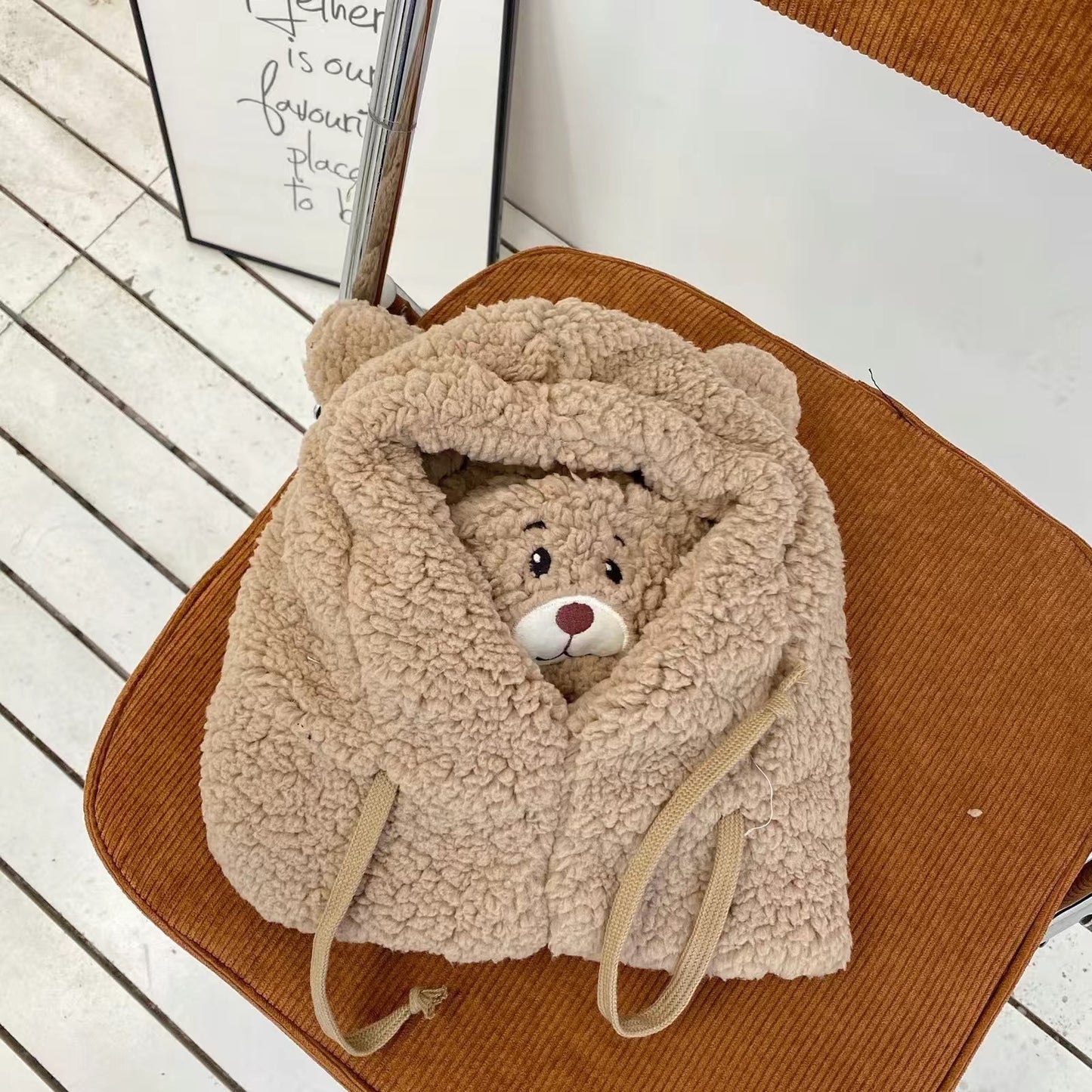 Cute Bear Plush Hat Winter Warm Thickened Scarf With Mask Anf Drawstring Design