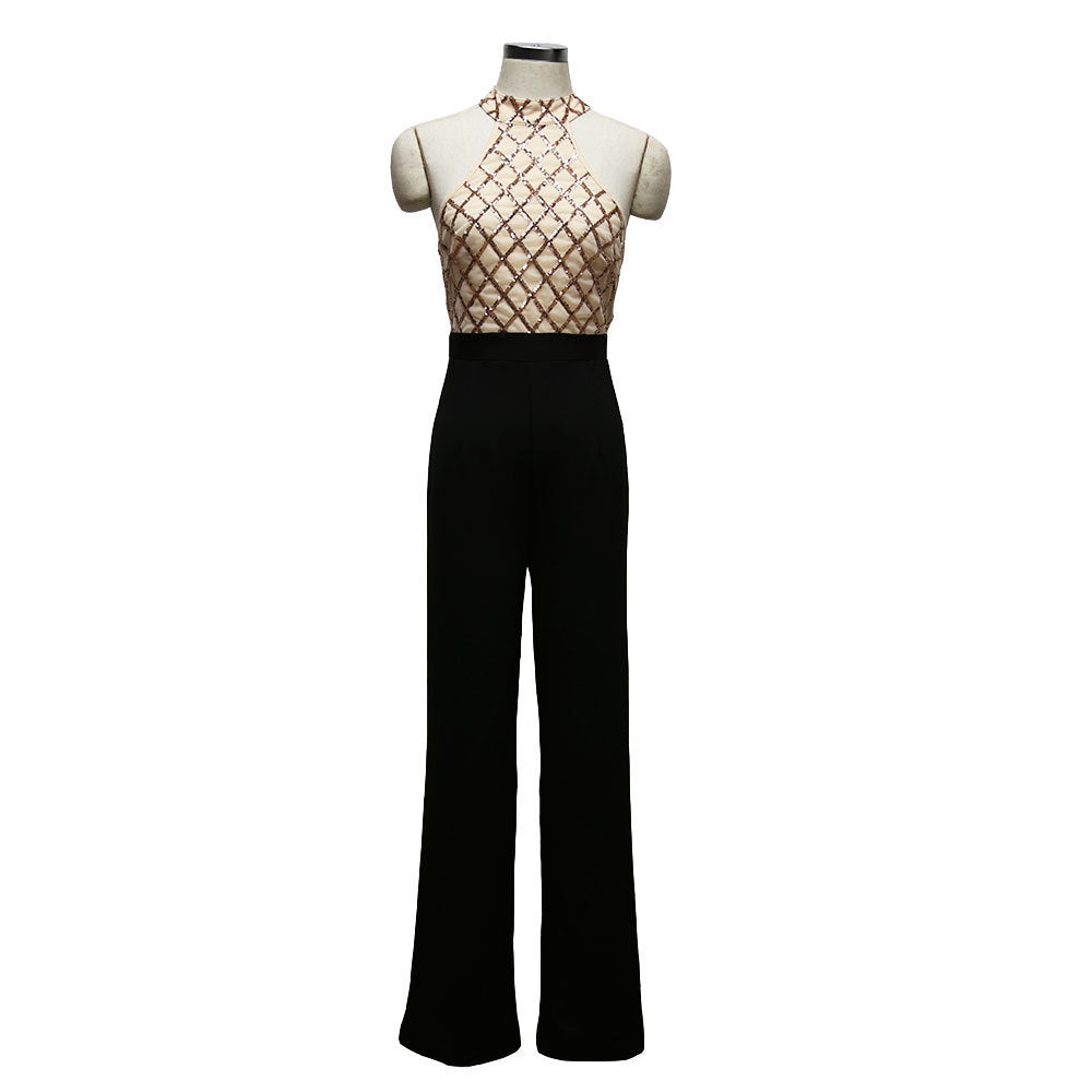 European and American women's sexy jumpsuit hanging neck sequins stitching trumpet jumpsuit trousers