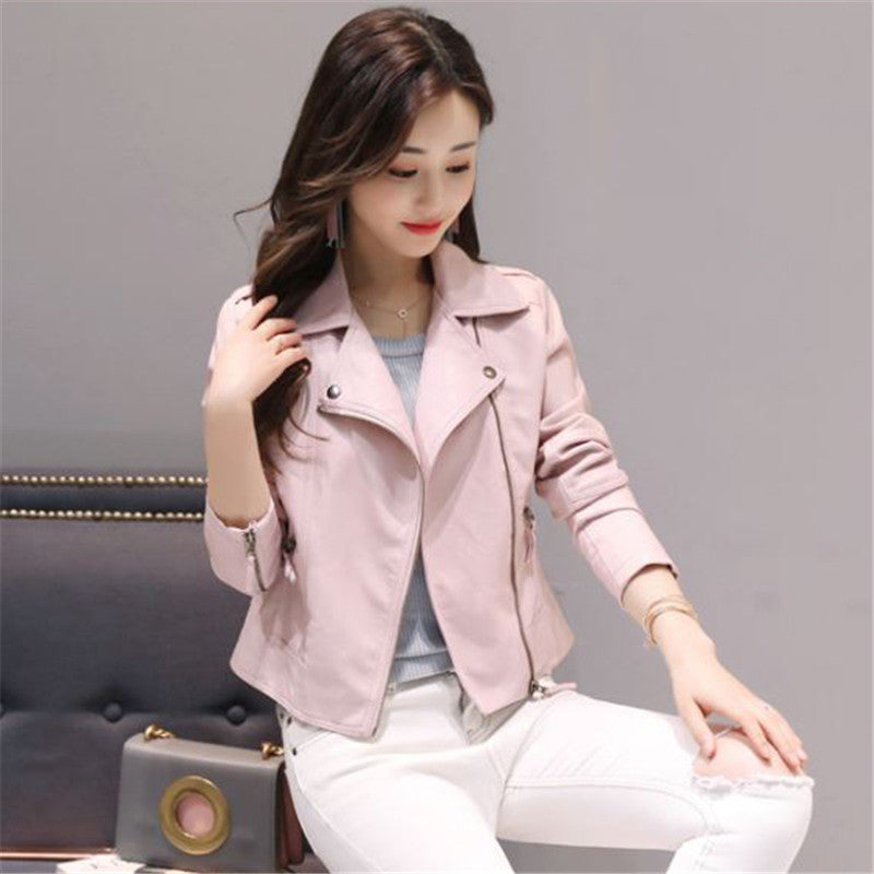 Women's short slim pink leather jacket