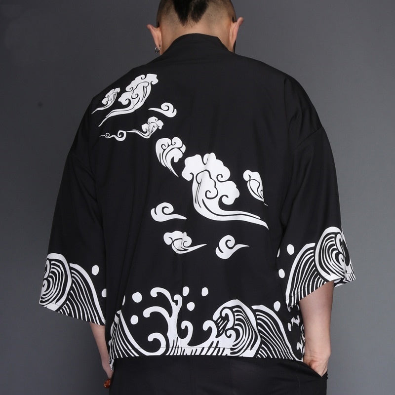 Japanese style and wind cardigan kimono shawl thin coat feather woven men and women couple holiday summer sun protection clothing