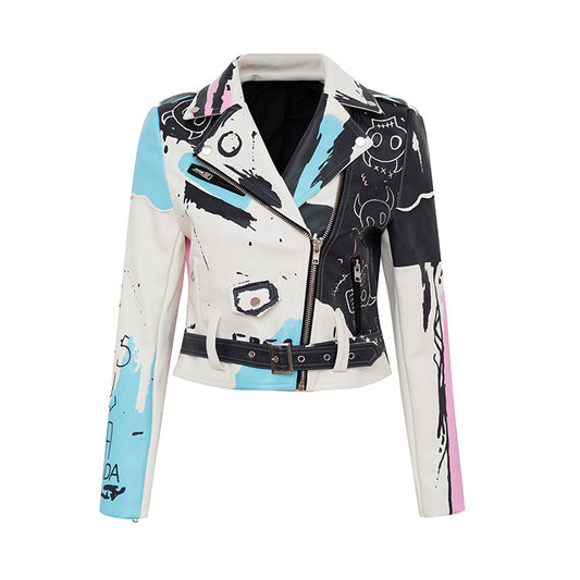 Personalized Graffiti Print Rivet Motorcycle Leather Jacket