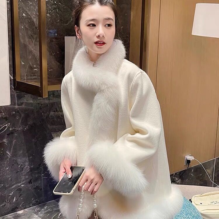 Artificial Fur Mid-length Coat Women's Woolen Cloak