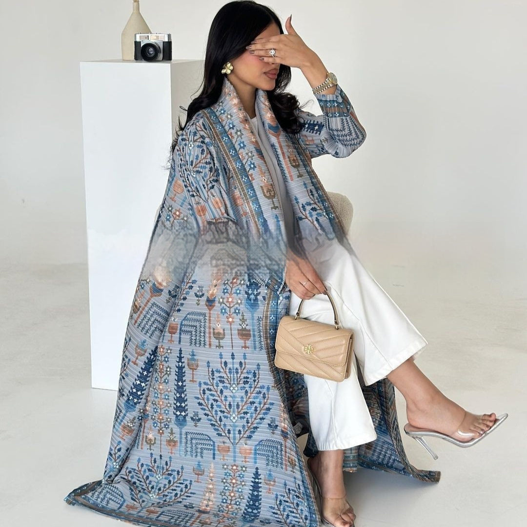 Pleated Trench Djellaba Hot-selling Printed Shawl Cardigan Ethnic Style Cloak Coat