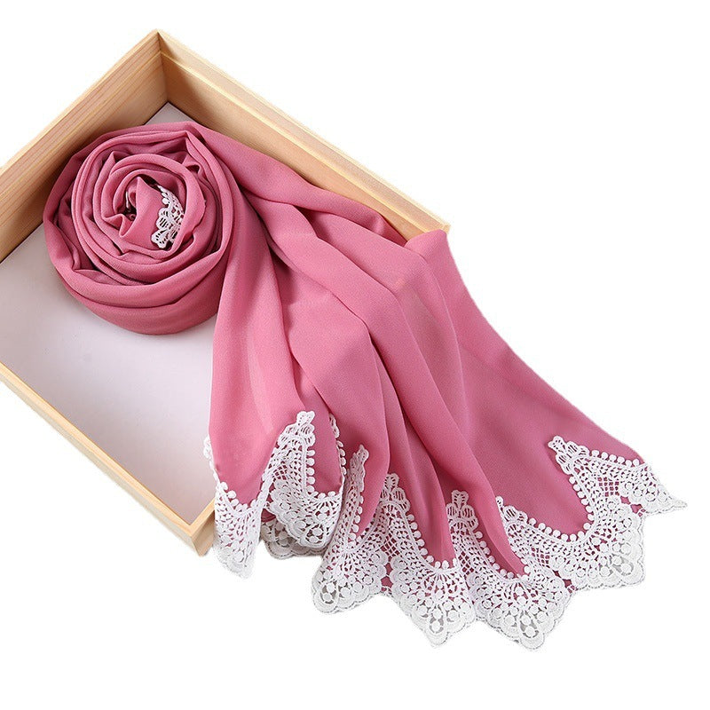 New Pearl Chiffon Scarf Malaysia Fashion Stitching Lace Scarf