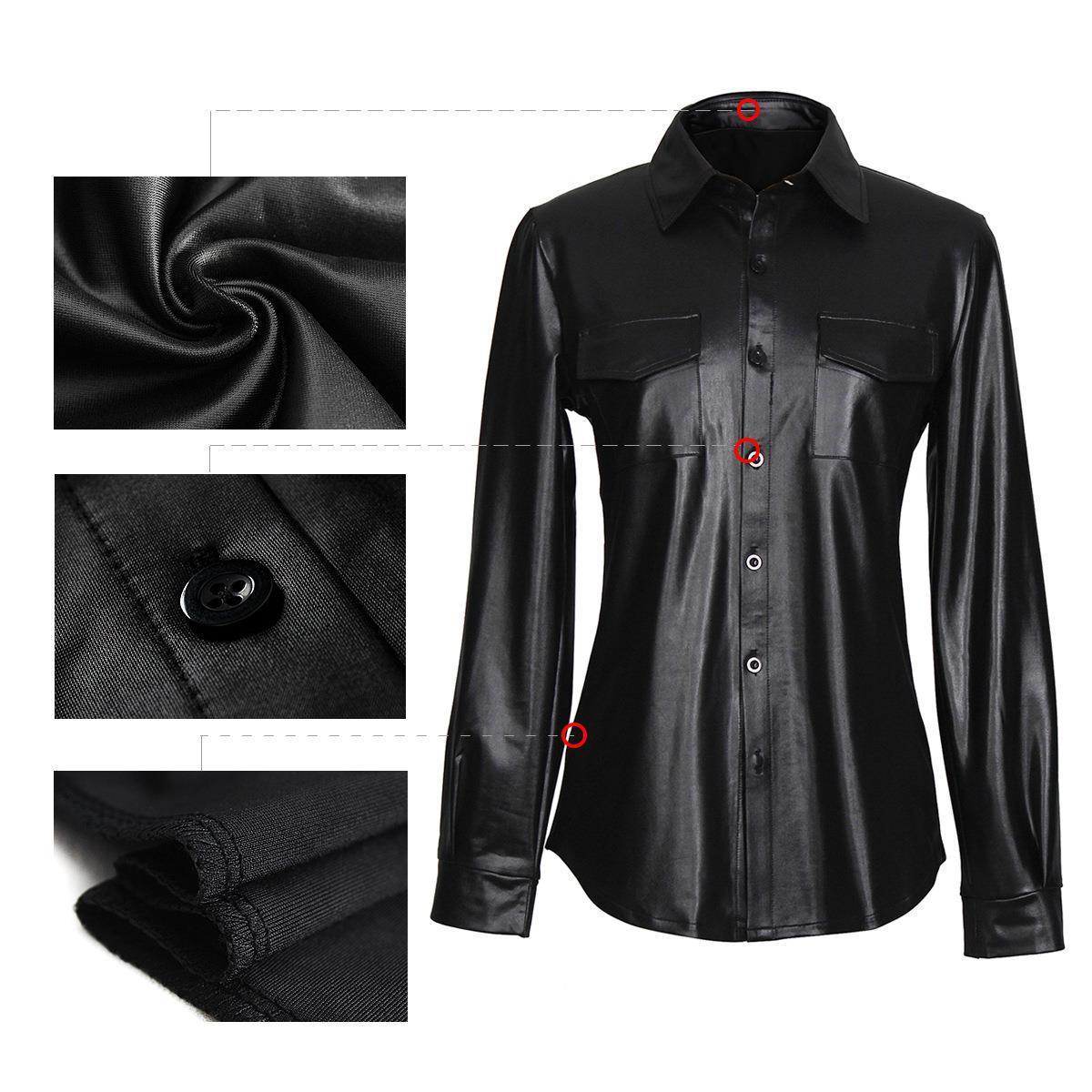 Women's Nightclub Sexy Ladies PU Leather Long Sleeve Shirt