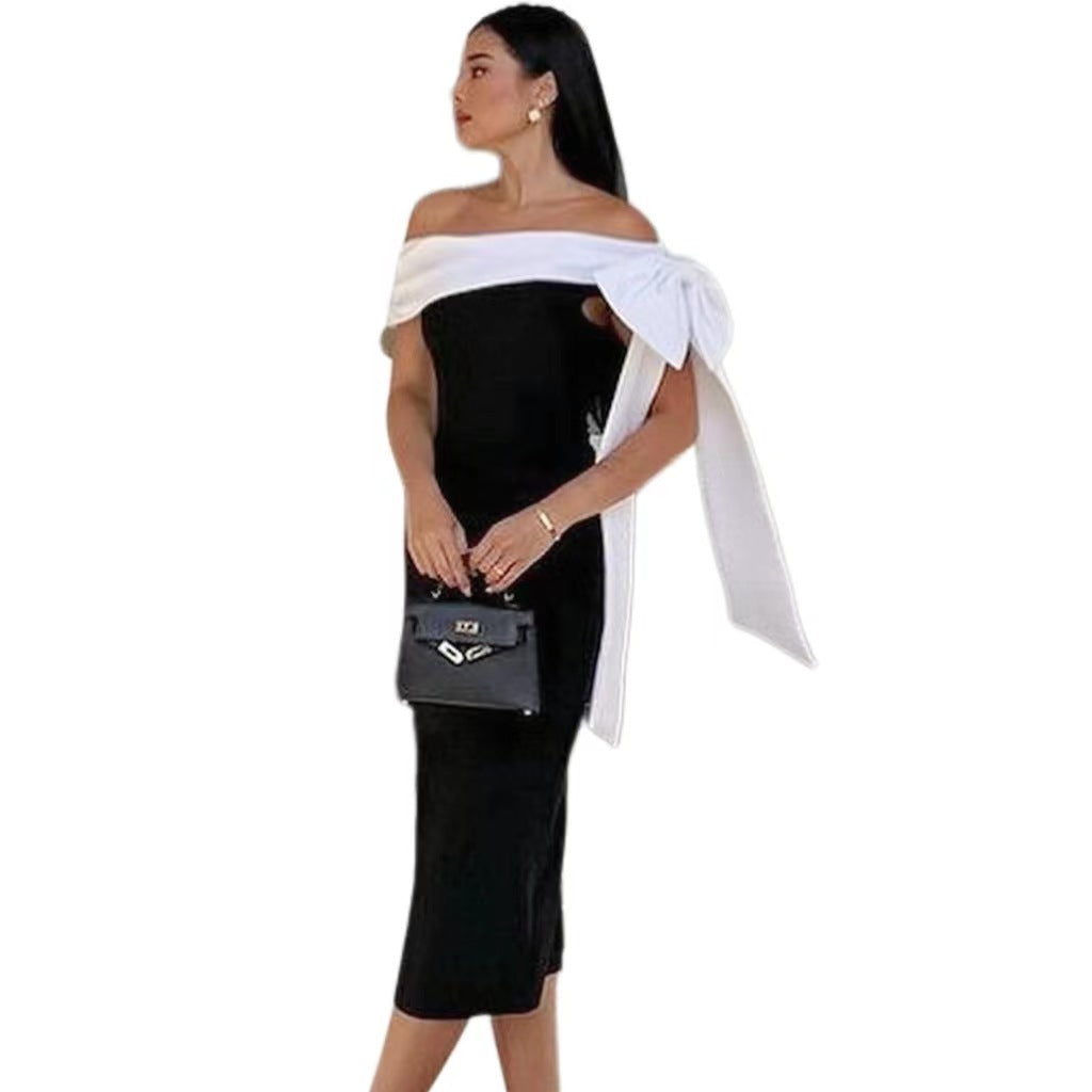 Women's Off-shoulder Bow Black And White Color Matching Elegant Cocktail Dress