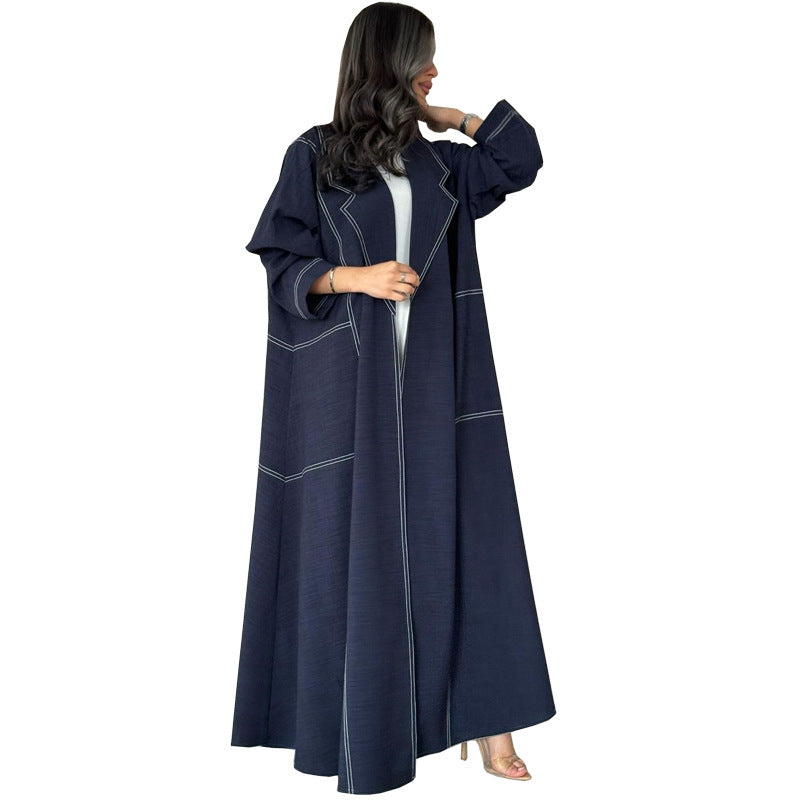 Loose Plus Size Slimming Contrast Color Open Line Denim Long Trench Coat