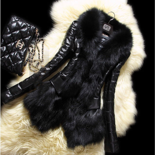 Faux fur large fur collar leather jacket