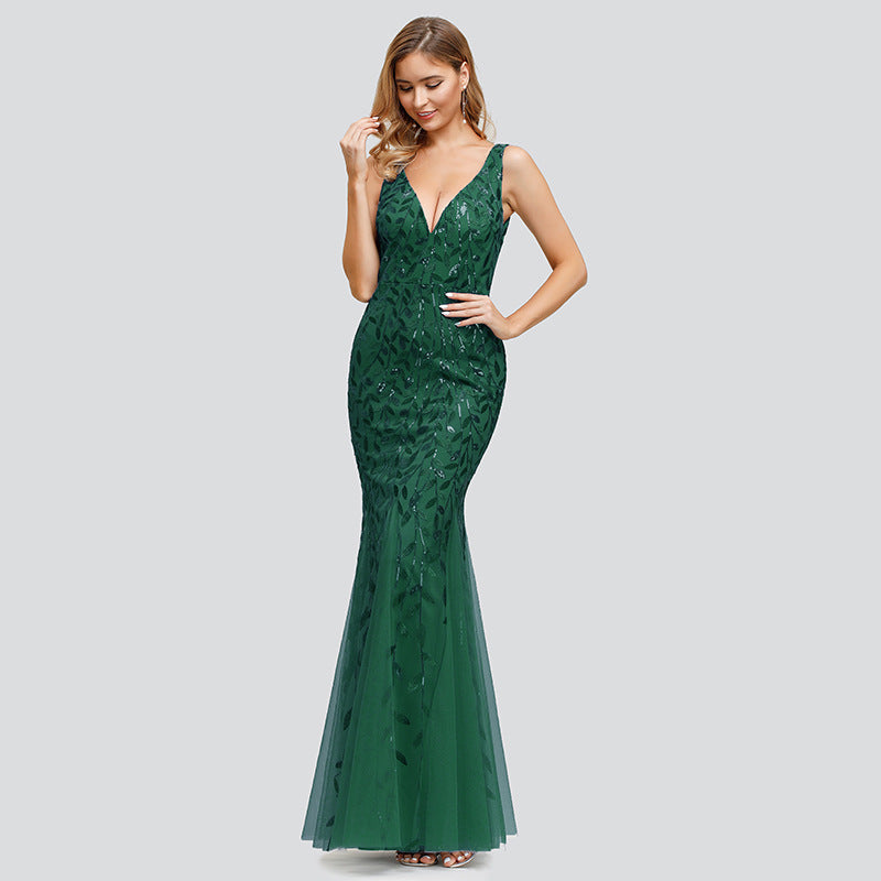 Sleeveless sequined fishtail party evening dress